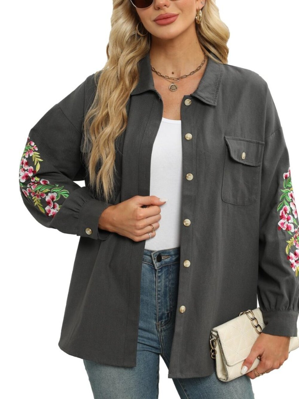 Embroidered Button Down Shackets for Women Long Sleeve Peasant Shirt Traditional